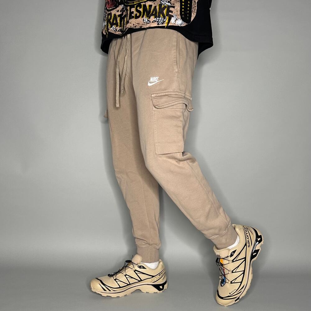 Vintage Y2K Nike Sweatpants Mens S Tan White Swoosh Cargo Pockets Cotton Joggers